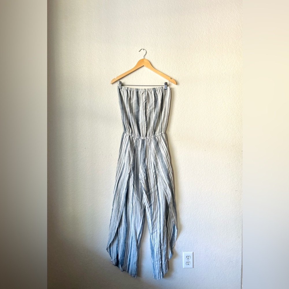 DREW Anthropologie Jumpsuit Women Size XS Linen Striped Strapless Tulip Hem Gray